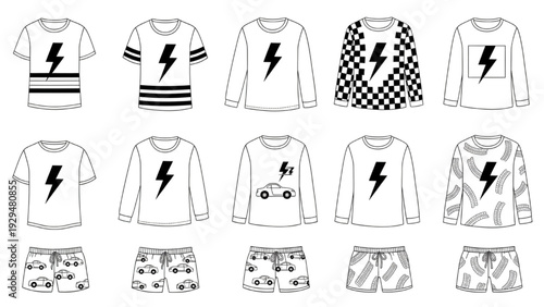 Cute Doodle Pajama Party Collection, Black Line Art with Lightning Bolt, Car Racing Graphic for Men’s Clothing Vector