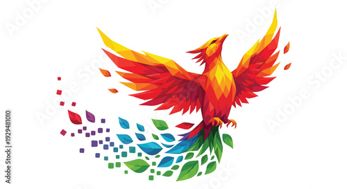 Vibrant Colorful Geometric Phoenix Bird Rising Illustration Isolated on White Background