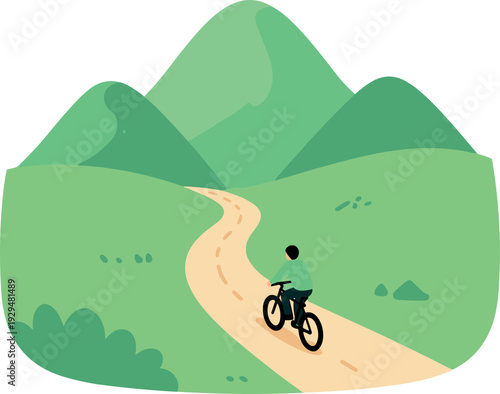 Person rides a bicycle on a dirt road with mountains in the background illustration