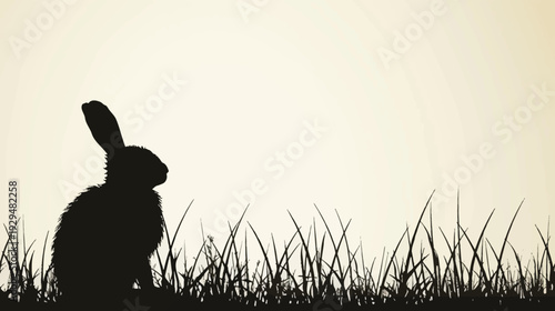 Rabbit silhouette nestled in grass against a pale background, facing right