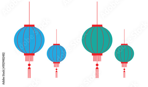 Chinese lantern vector set, red tassel hanging lanterns, flat minimal Asian festival decoration illustration.