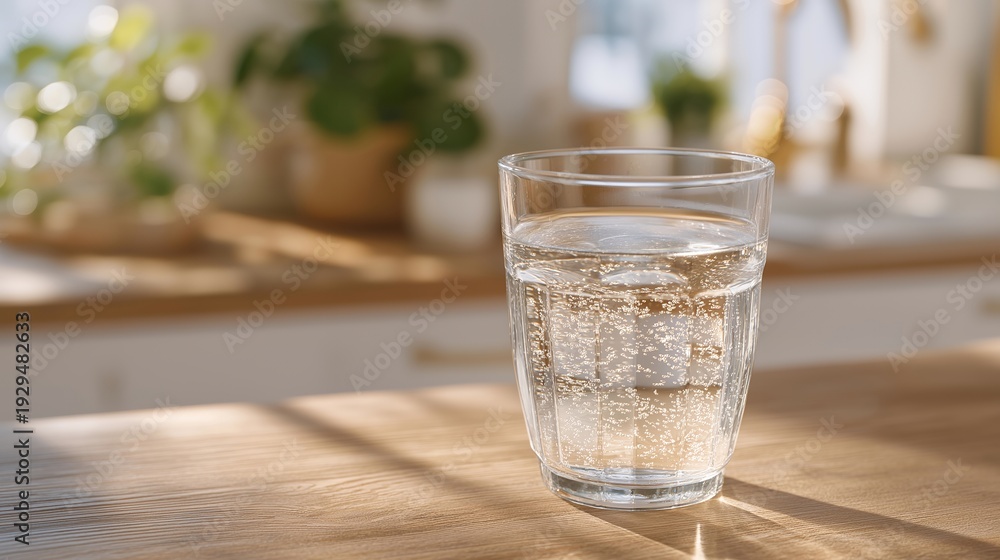 custom made wallpaper toronto digitalMicroplastic pollution concept with tiny plastic particles visible in a glass of drinking water on a kitchen table, perfect for environmental health awareness, water contamination, plastic