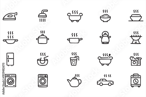 Household Hot Steam Line Art Icon Set for Kitchen and Home Appliances