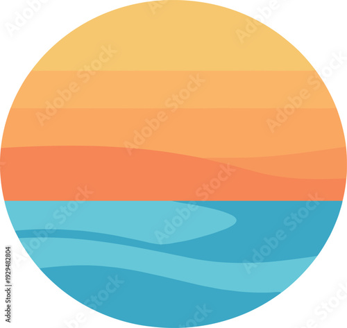Abstract sunset scenery with ocean waves in yellow, orange, and blue colors