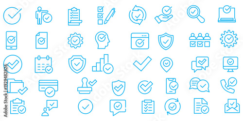 Inspection web icons in line style. Examination, testing, quality control, check, inspect, collection. Editable stroke. Vector illustration.
