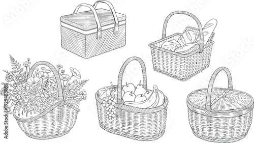 Black and white hand drawn illustration set of picnic baskets with flowers, fruits, bread, and bottle, decorative collection perfect for design, seasonal artwork, and educational use