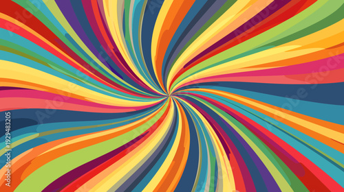 A vibrant abstract design featuring colorful radiating stripes converging to a central point