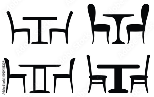 Furniture vector collection, table and chair icons, includes seating and interior furniture illustrations for home, office, restaurant, and interior design creative projects.