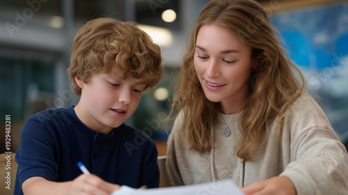 Wallpaper Mural Special education teacher working one on one with child with learning disability using tactile materials, perfect for inclusive education, special needs teaching, learning support, child Torontodigital.ca