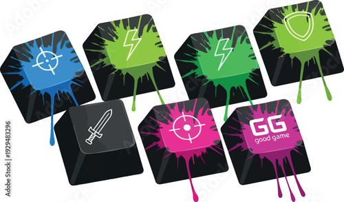 Assorted computer mice with colorful paint splatters and various symbols on a plain background from a top-down viewpoint