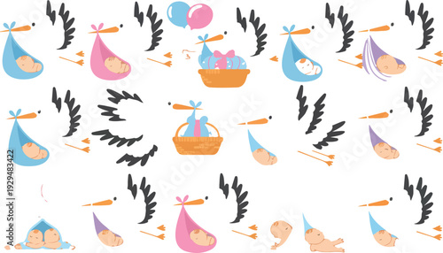 Cute Stork Carrying Baby Illustration Set with Flying Birds Newborn Bundles Balloons Gifts and Sweet Characters