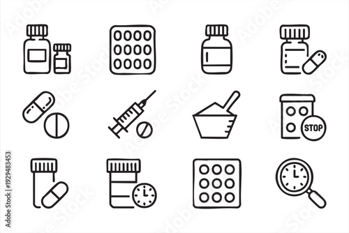 Minimal Healthcare Outline Icons Featuring Pills Syringe and Medicine Bottles