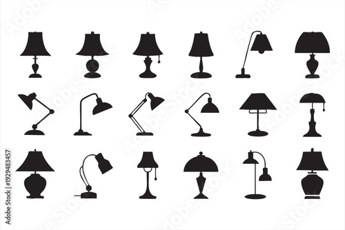 Classic and Modern Table Lamp Silhouette Icons for Room Lighting Graphics