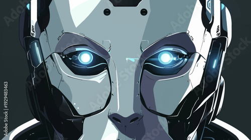 Robotic face with intense, glowing blue eyes and cool, metallic colors against dark backdrop