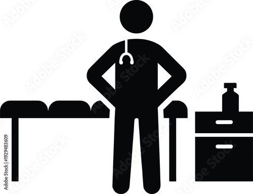 Medical Doctor Icon with Examination Table and Cabinet Black Silhouette Healthcare Symbol Isolated on White Background