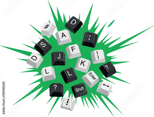 Scrabble tiles exploding with letters and symbols against a vibrant green background from a dynamic viewpoint