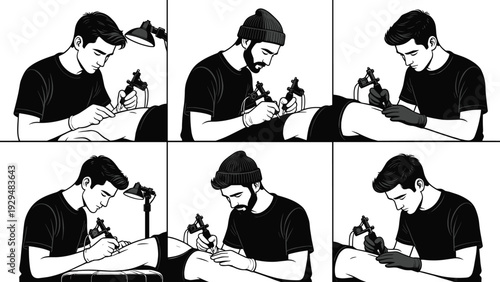 Tattoo Artist Working on Client Arm in Studio Black and White Illustration Set Professional Body Art Process