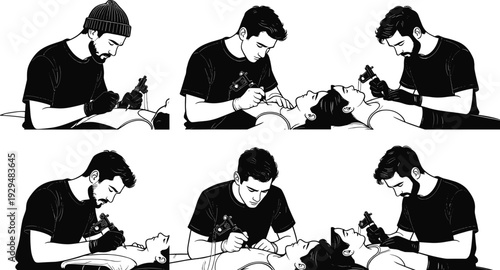 Tattoo Artist Working on Client in Studio Black and White Illustration Set Professional Body Art Process Collection