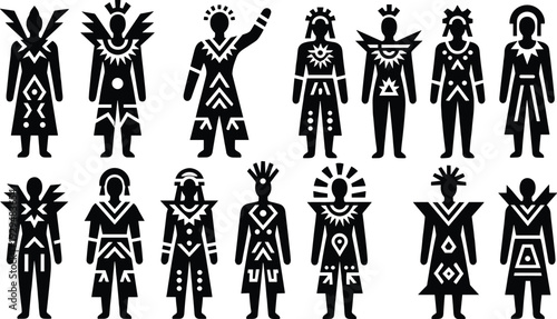 Tribal Ethnic Character Silhouettes Set with Traditional Costume and Headdress Black and White Cultural Illustration Collection