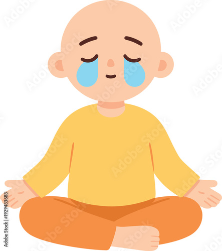 Crying young bald person meditates in lotus pose with tears flowing down