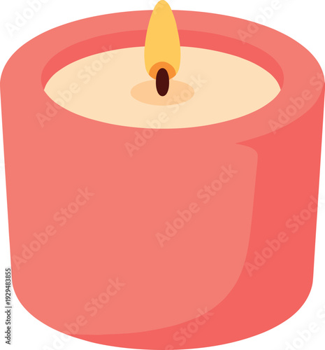 Close-up of a peach-colored candle with a bright yellow flame on a white background