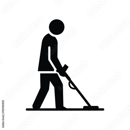 Metal detector person icon searching for treasure on ground silhouette man scanning floor with electronic tool device