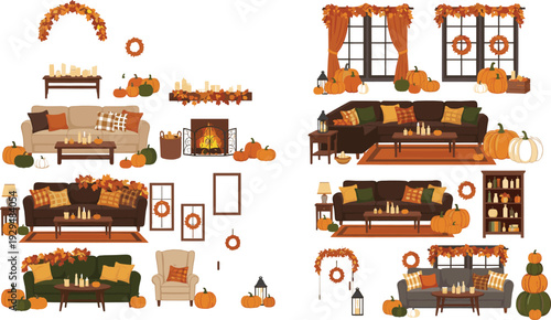 Flat vector autumn living room illustrations featuring Thanksgiving pumpkins fireplaces cozy sofas and seasonal harvest home decorations