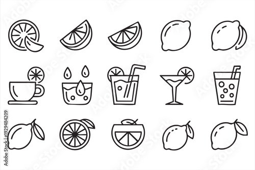 Editable Lemon Beverage Outline Icon Pack for Cafe and Menu Design
