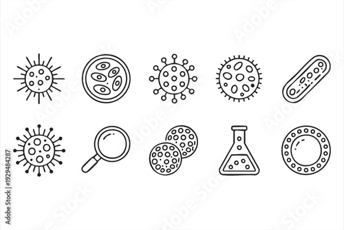 Black and White Microbiology Vector Icons with Virus and Laboratory Symbols