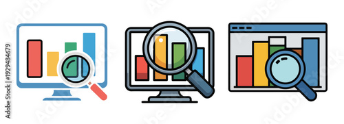 Business data analysis report with magnifying glass icon illustration eps