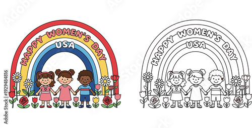 Happy Women's Day USA: Diverse Kids Under Rainbow with Flowers - Unity & Joy