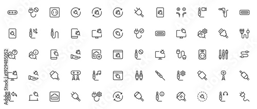 Connector and Cable icon set. Minimal vector icons pack including jack, USB, HDMI, VGA, plug, socket, charger, cable, audio, power and more. Editable stroke.