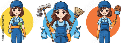 Set of professional female cleaners in blue uniforms with mop, broom, duster, and spray bottles, isolated on white background, vector.