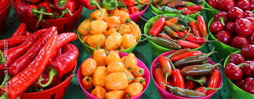 Tableau sur toile Hot peppers varieties Pimientos Choriceros, Scotch Bonnet, dry hot guindilla peppers, and Piparras-Basque green peppers in brine
