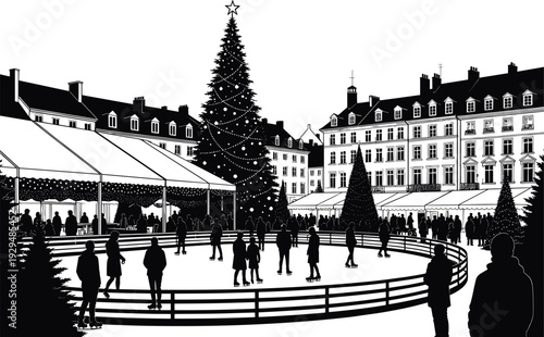 Festive Christmas town square illustration, decorated holiday tree with lights, ice skating rink, winter market stalls, European buildings, joyful seasonal celebration, vector artwork