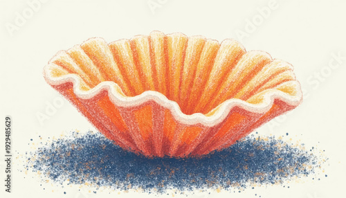 A vibrant orange scallop seashell on sand.