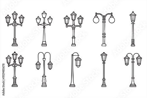 Street Lamp Lighting Line Art Icon Set for Urban and City Design