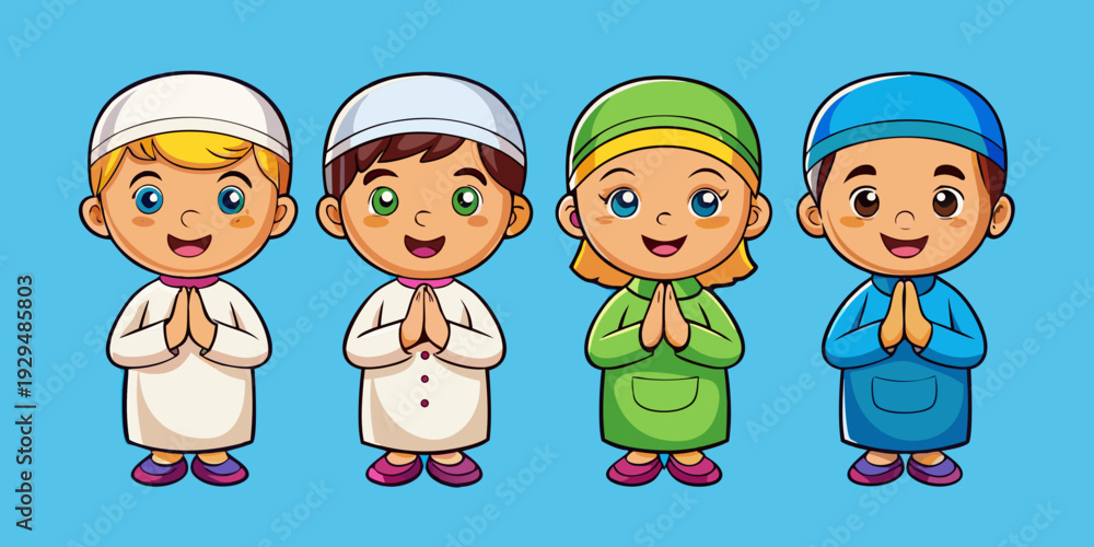 Fototapeta premium Diverse group of cute and happy children in traditional prayer attire smiling together
