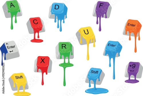 Colorful alphabet letters dripping with paint on a collection of stencils displayed closely together in a scattered arrangement viewed from directly above