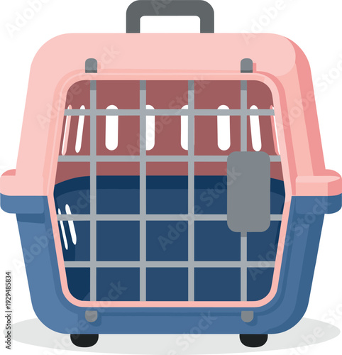 Pink and blue carrier designed for pets with a gray handle