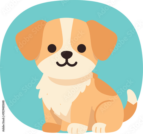 Cartoon dog sits patiently against a round blue background in a vector illustration