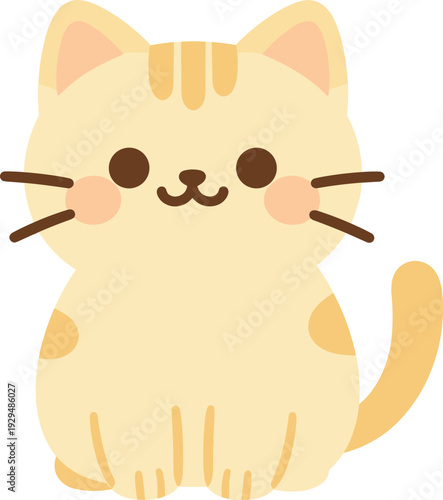 Cute cartoon beige cat sitting with smile on white background