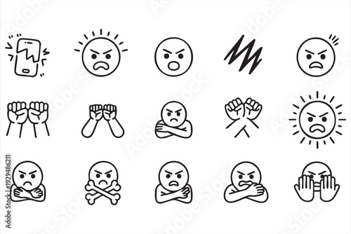 Protest Symbols and Emotional Expression Line Art Icons Vector Set