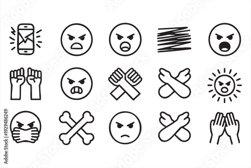 Anger Expression and Activism Symbols Outline Icons for UI and Graphics