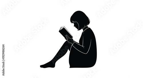 Silhouette of a young girl sitting and reading a book in a relaxed pose on a plain background