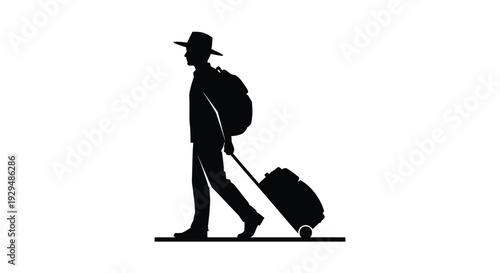 Man walking with luggage silhouette of traveler pulling suitcase journey and adventure concept