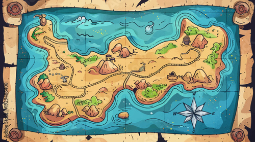 Colorful cartoon treasure map features varied terrain, an aged look, and route marked on parchment