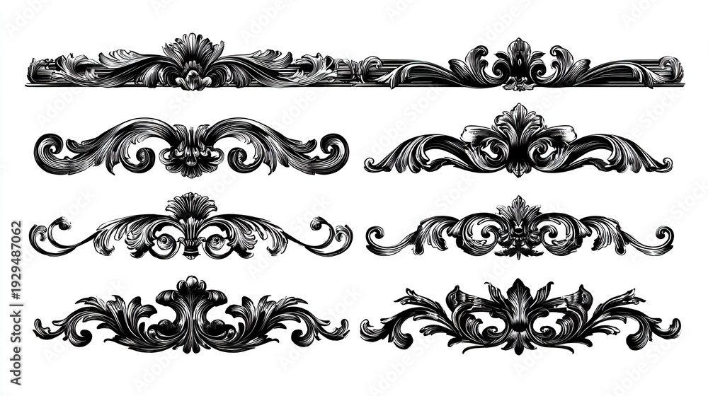 Fototapeta premium Collection of ornate, black baroque-style ornamental dividers with intricate scrolling acanthus leaf designs and floral motifs