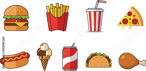 Fast food vector icon set, burger fries soda pizza hot dog ice cream taco and fried chicken for restaurant menus.