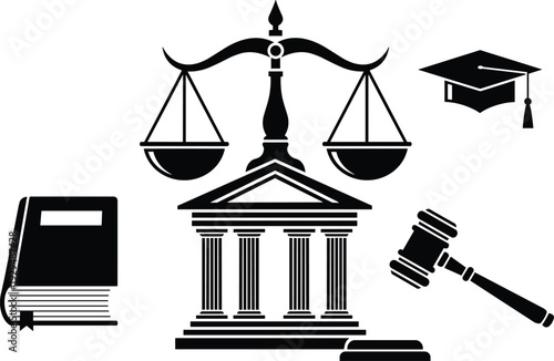 Black silhouette illustration of courthouse with justice scales, graduation cap, gavel, and book icons, symbolizing law, education, judicial authority, and academic achievement artwork concept